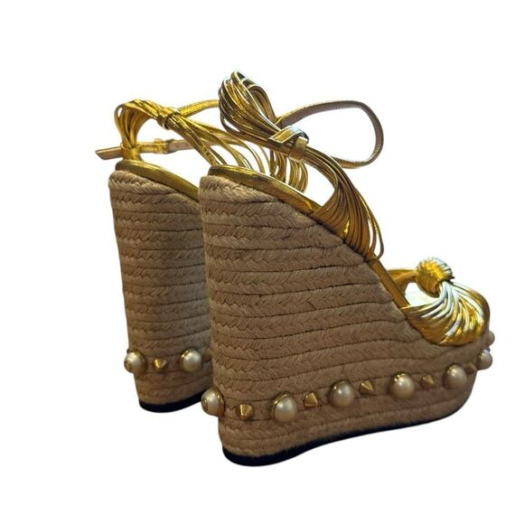 Gucci Barbette Knotted Leather Gold Metallic Pearl Platform Wedge Sandals - Picture 6 of 15